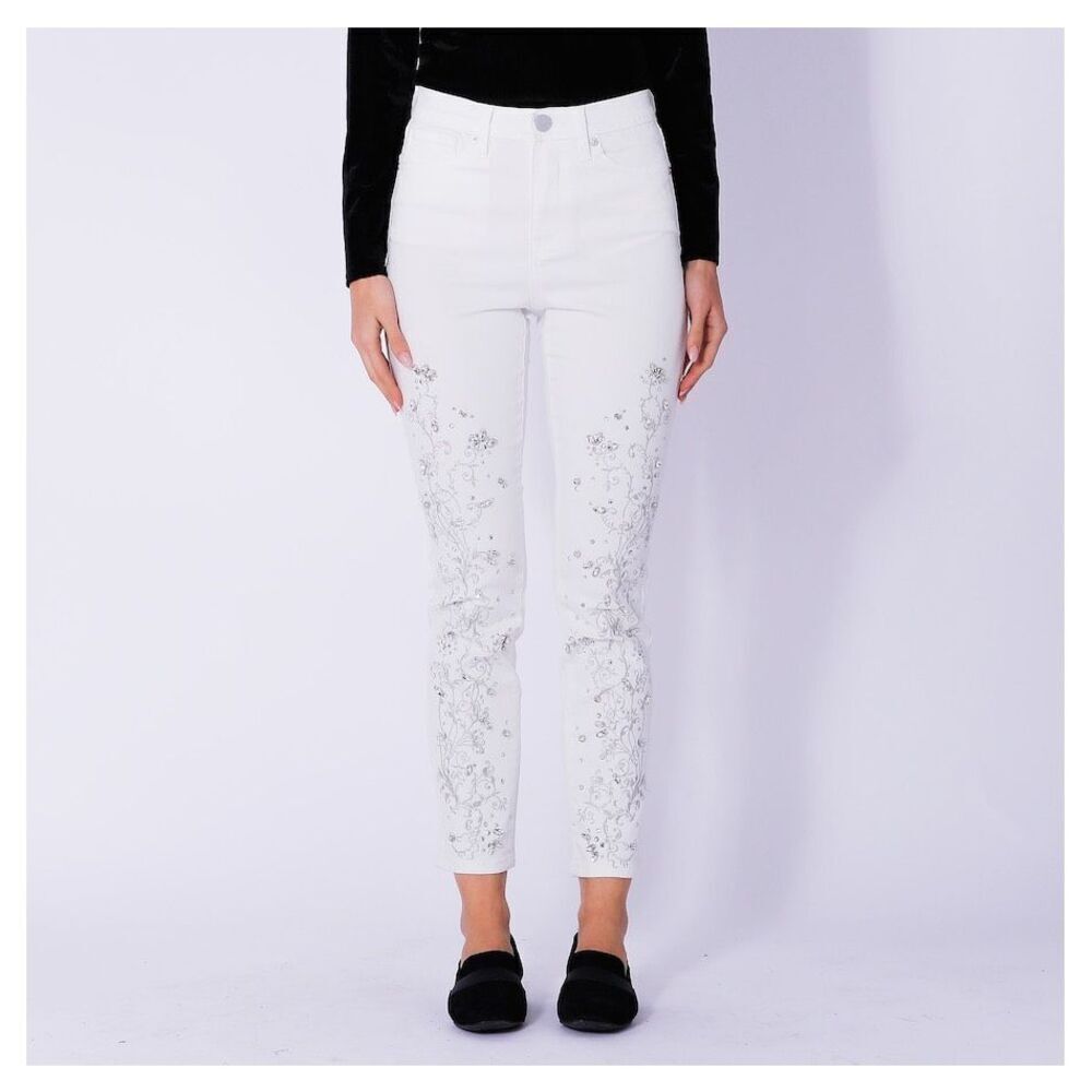 DG2 by Diane Gilman New Classic Stretch Legacy Embellished Jeans Ivory 24PW NWT